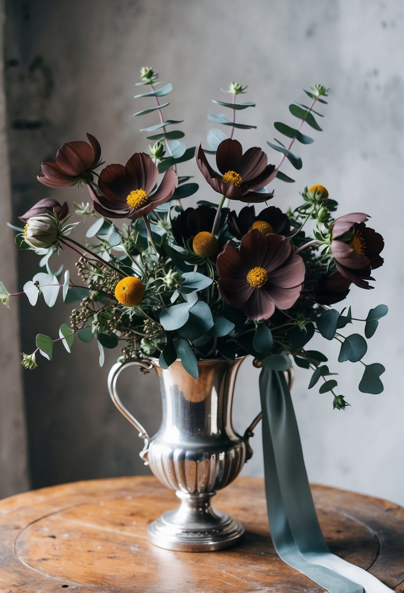 A bouquet of chocolate cosmos and eucalyptus, tied with a silk ribbon, sits in a vintage silver vase on a rustic wooden table