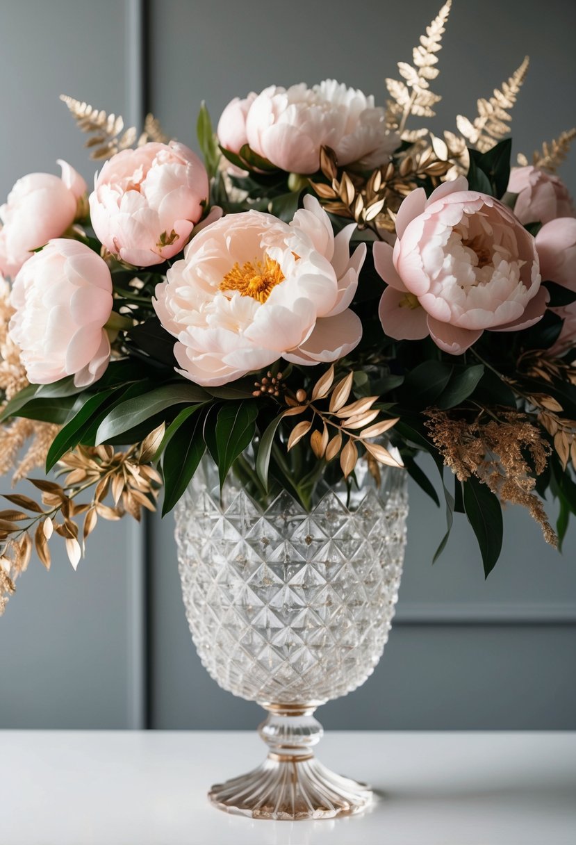 A lush bouquet of rose gold peonies and gold foliage cascading from a crystal vase