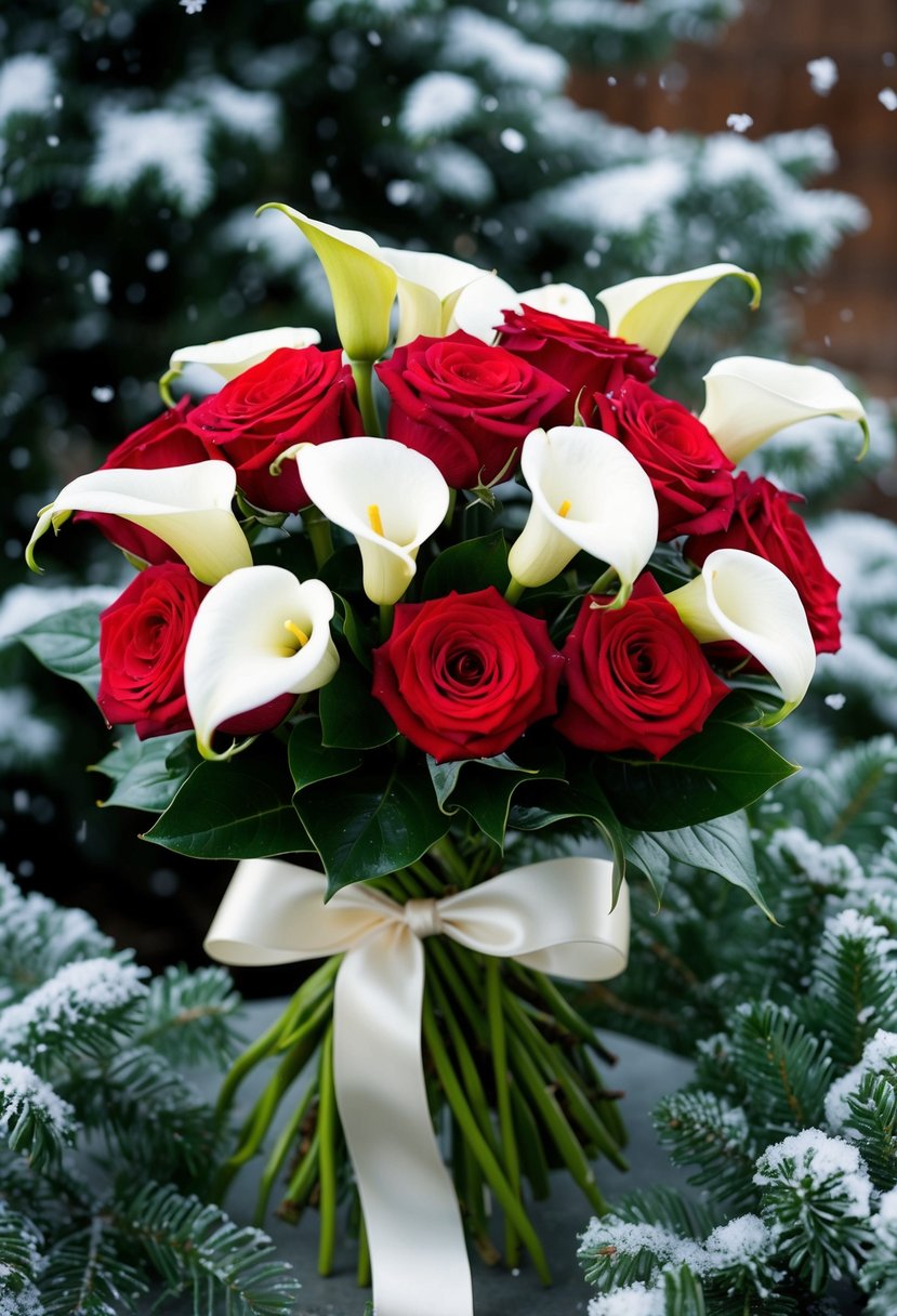 A bouquet of red roses and white calla lilies tied with a satin ribbon, surrounded by snowflakes and winter foliage