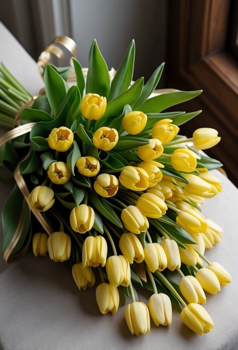 A lush bouquet of yellow tulips with delicate gold trim, arranged in a cascading fashion