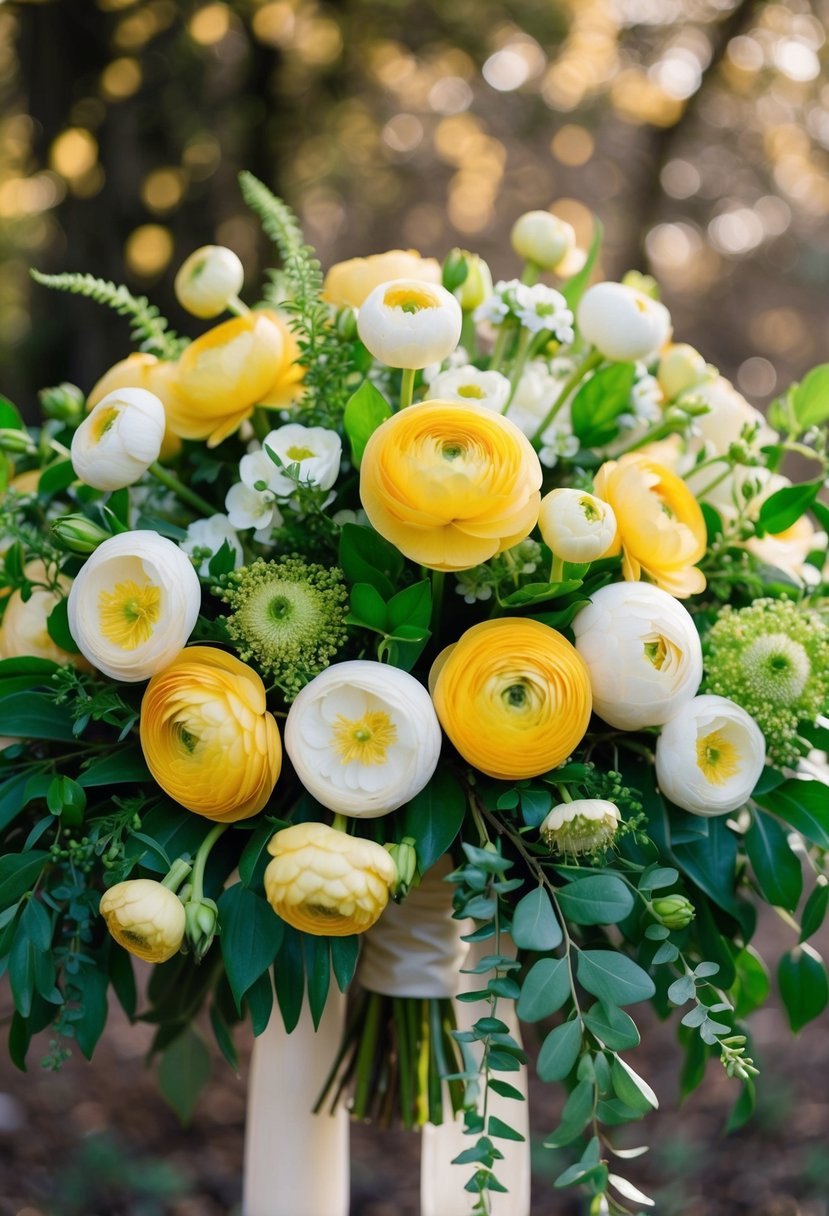 A vibrant golden ranunculus wedding bouquet, with delicate blooms and lush greenery, arranged in a cascading design