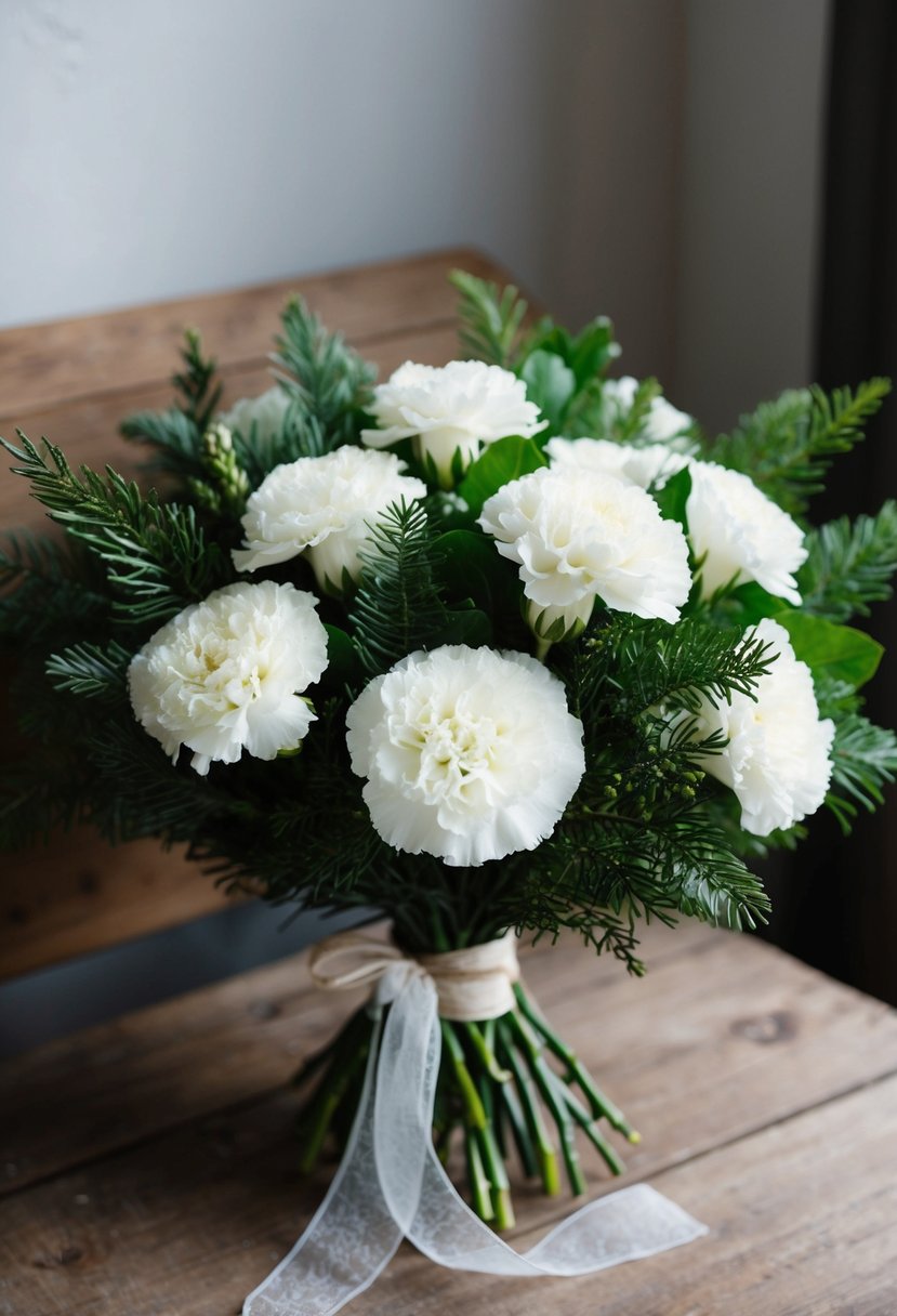 A bouquet of white carnations and green winter foliage arranged in a rustic, hand-tied style, with a hint of delicate ribbon