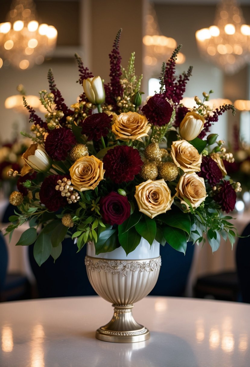 A lush bouquet of gold and burgundy flowers arranged in an elegant vase