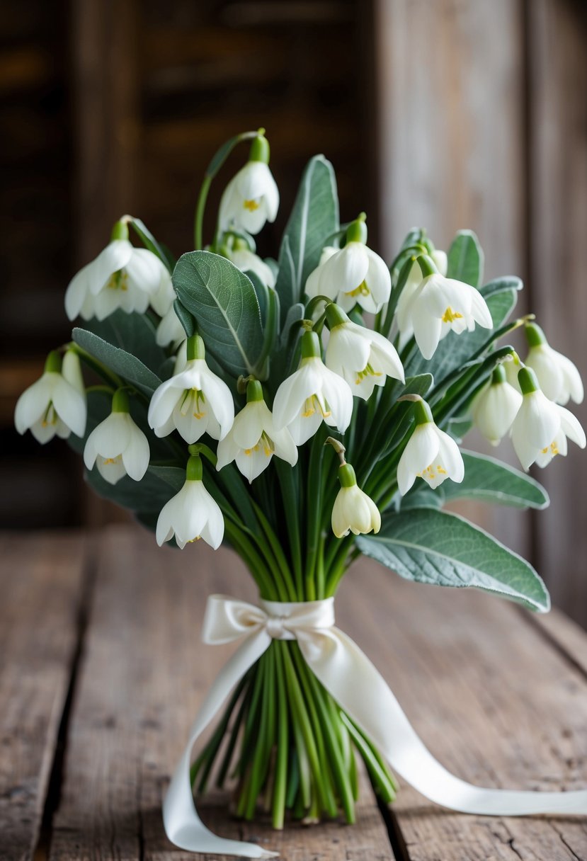 A bouquet of white paperwhites and sage greenery, tied with a silk ribbon, sits on a rustic wooden table