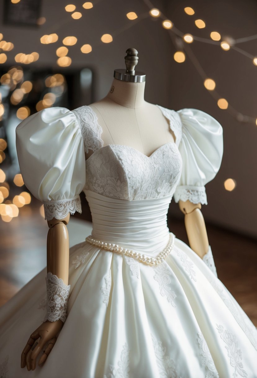 An 80s style wedding dress with puffy sleeves, a fitted bodice, and a full, layered skirt, adorned with lace and pearls