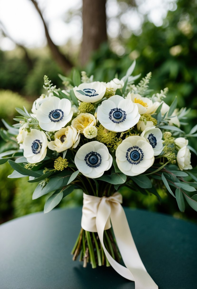 A lush bouquet of gold and ivory anemones, accented with delicate greenery and tied with a satin ribbon