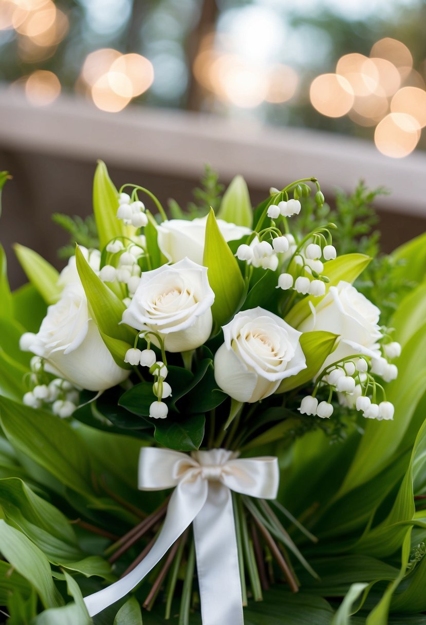 A delicate bouquet of white roses and lily of the valley nestled together, accented with greenery and tied with a satin ribbon