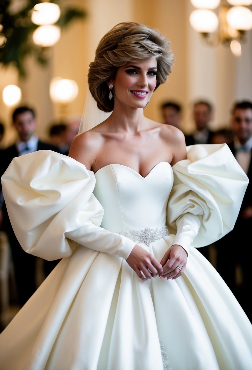 A bride in a voluminous, off-the-shoulder wedding gown with exaggerated puff sleeves, reminiscent of Princess Diana's iconic 80s style