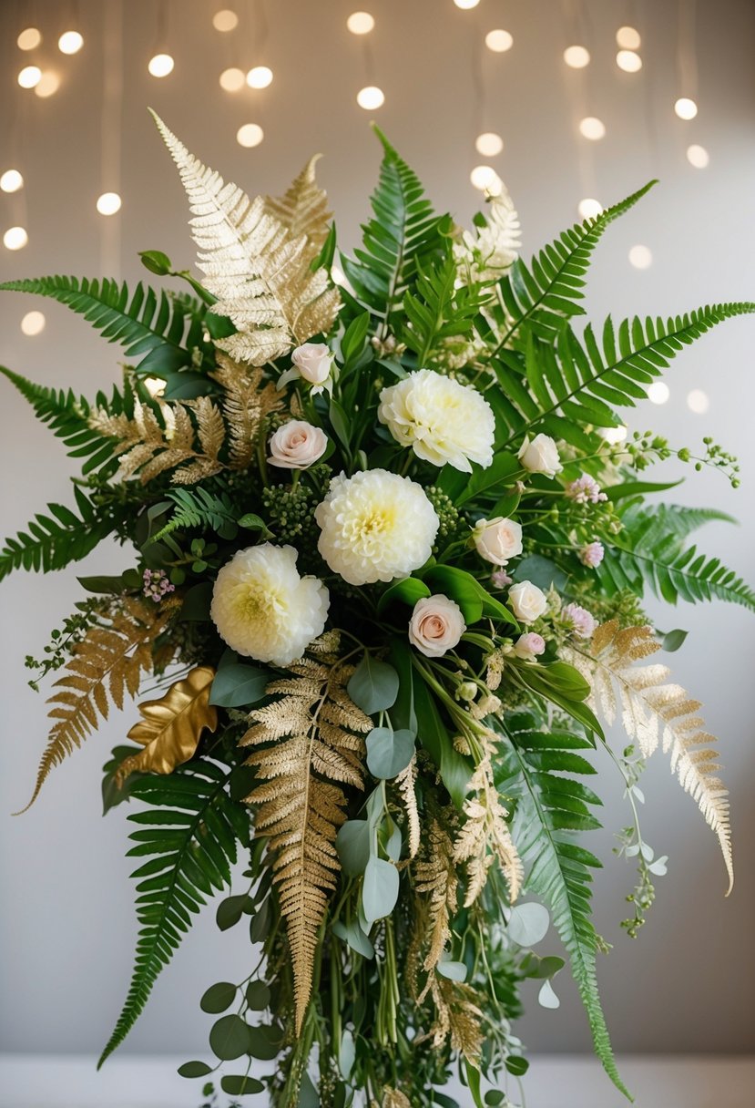 A lush arrangement of gold leaf ferns and delicate blooms in a cascading bouquet