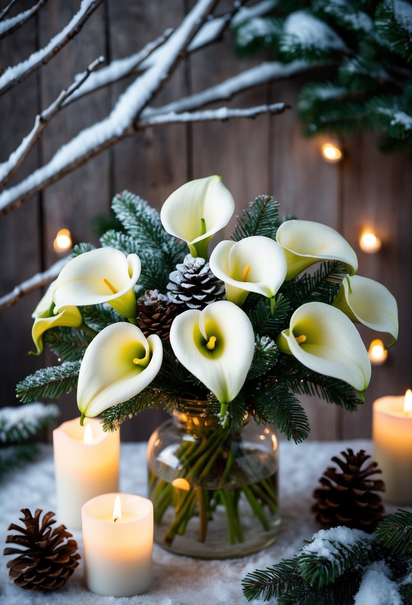 A bouquet of calla lilies and pine cones arranged in a rustic, wintry setting with snow-covered branches and soft candlelight