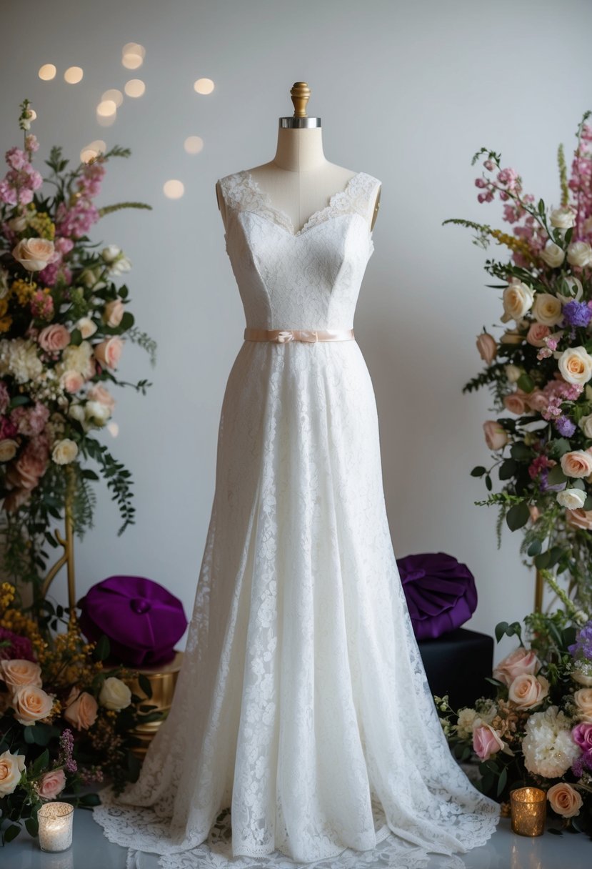 A vintage lace wedding dress on a mannequin, surrounded by 80s style accessories and floral arrangements