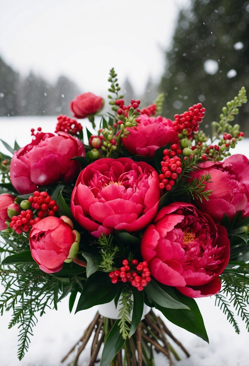 A lush bouquet of red peonies and vibrant hypericum berries, accented with greenery, set against a snowy backdrop