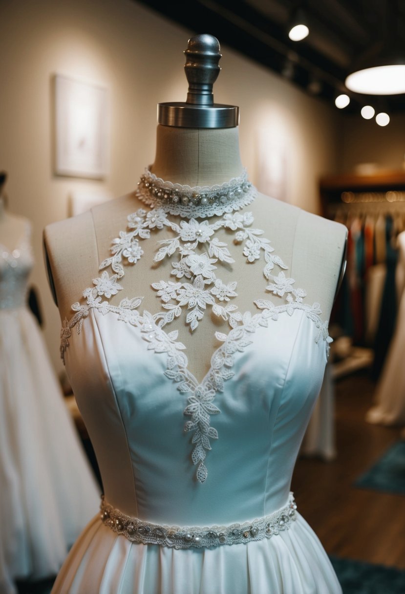 A vintage 80s style wedding dress with a high neckline and lace embellishments, displayed on a mannequin in a dimly lit bridal boutique