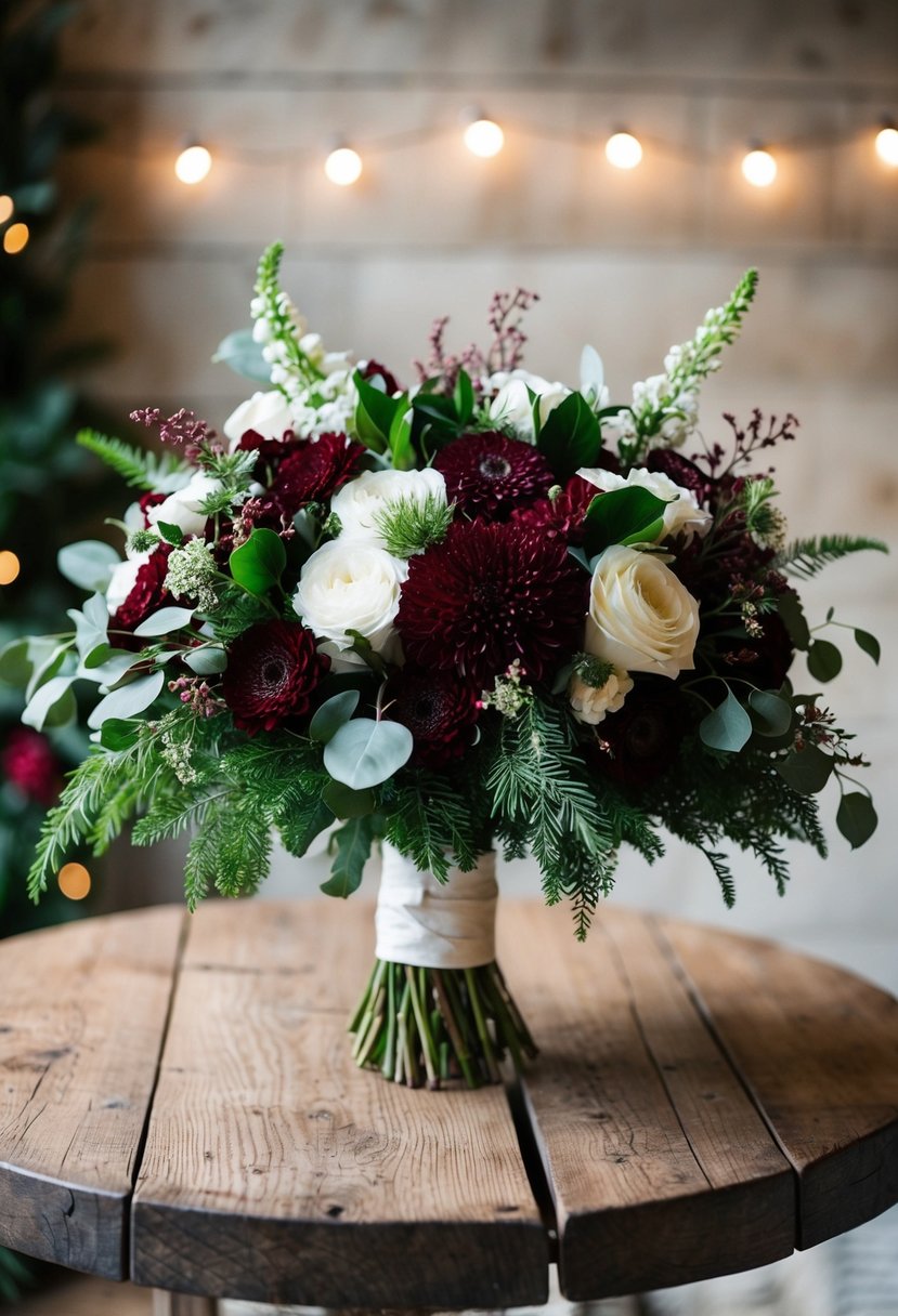 A lush bouquet of burgundy and white flowers, accented with greenery, sits atop a rustic wooden table, evoking the ambiance of a winter wedding