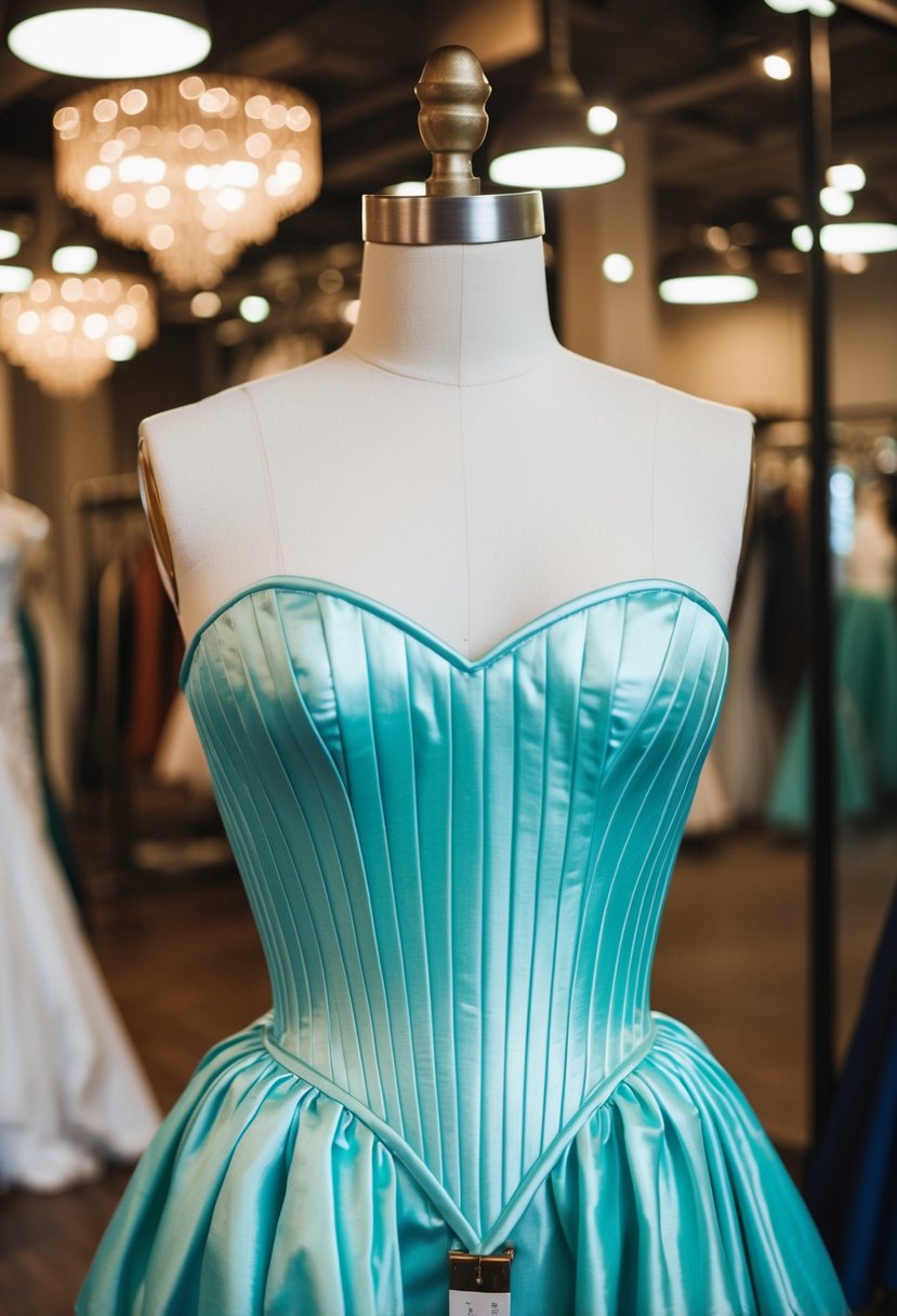 A taffeta 80s-style wedding dress with a corset-style waist displayed on a vintage mannequin