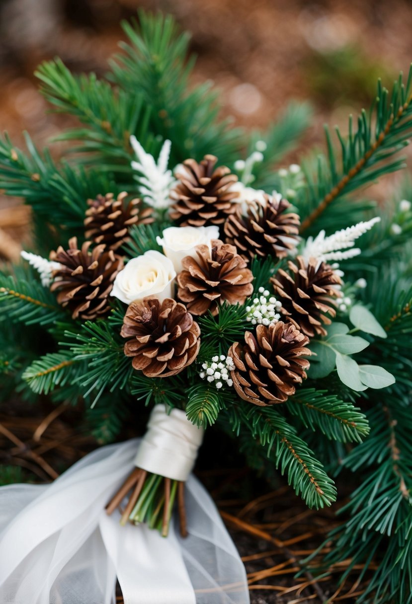 A rustic woodland-themed winter wedding bouquet with pine cones, nestled among evergreen branches and accented with delicate white flowers