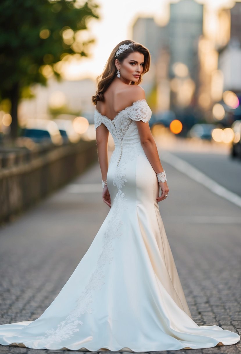 An off-the-shoulder satin wedding dress with 80s flair, adorned with delicate lace and a flowing train