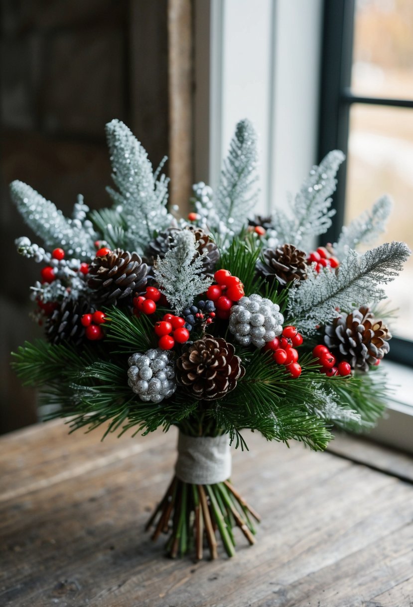 A bouquet of winter berries and silver brunia accents arranged in a rustic, elegant style