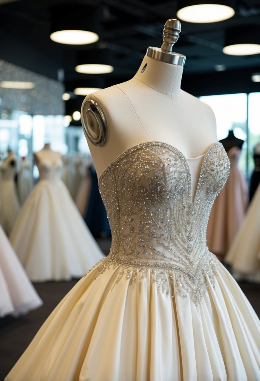 A beaded bodice with a voluminous skirt, reminiscent of 80s style, cascades down a mannequin in a bridal boutique