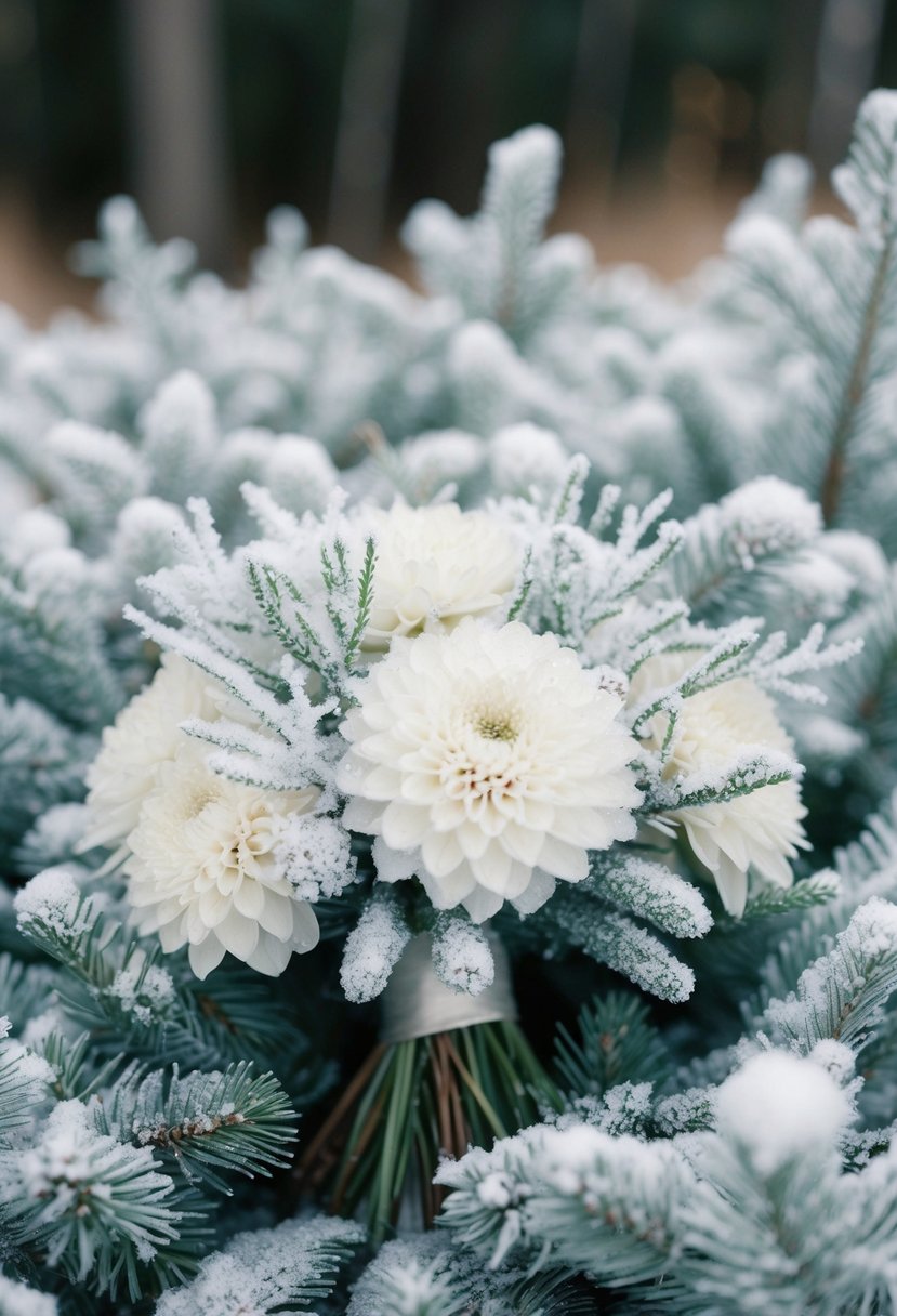 A snowy white and dusty miller bouquet nestled in a bed of frost-covered pine branches