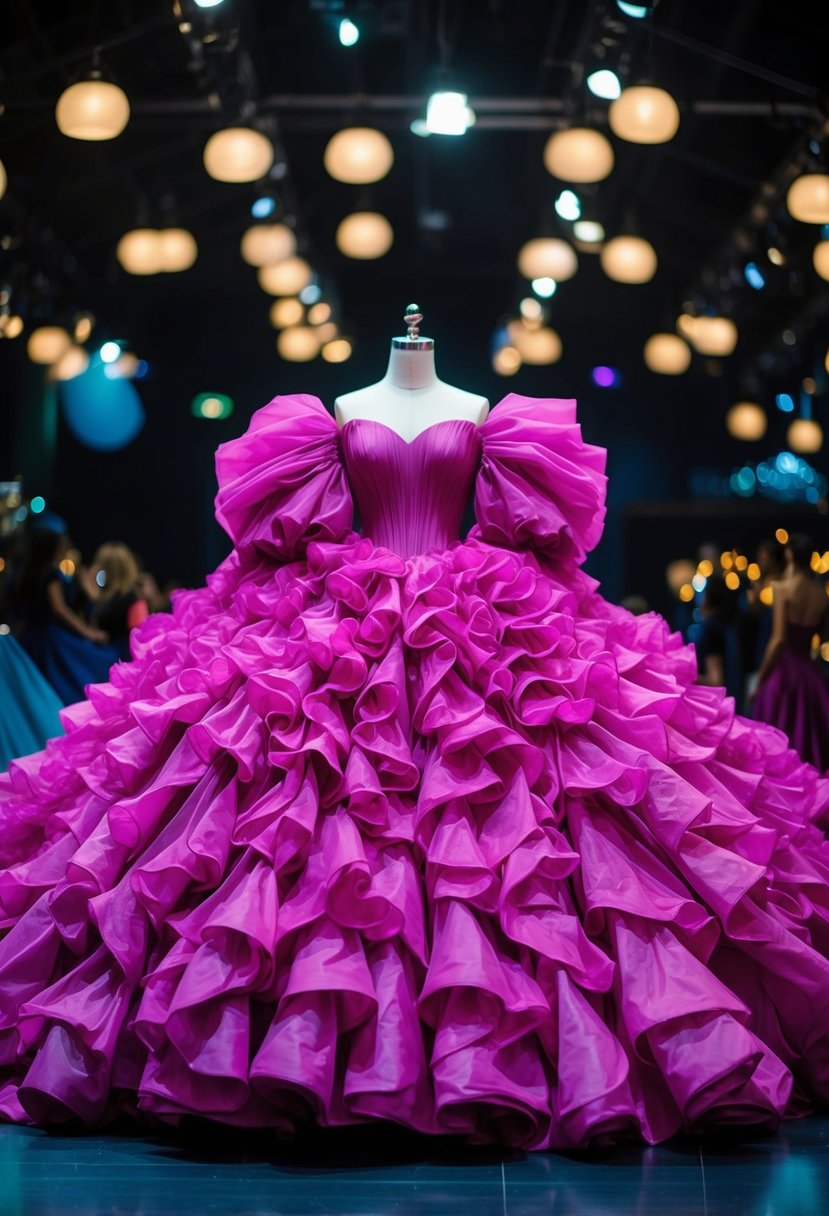 A voluminous, ruffled ball gown in vibrant 80s colors, with exaggerated sleeves and a dramatic train