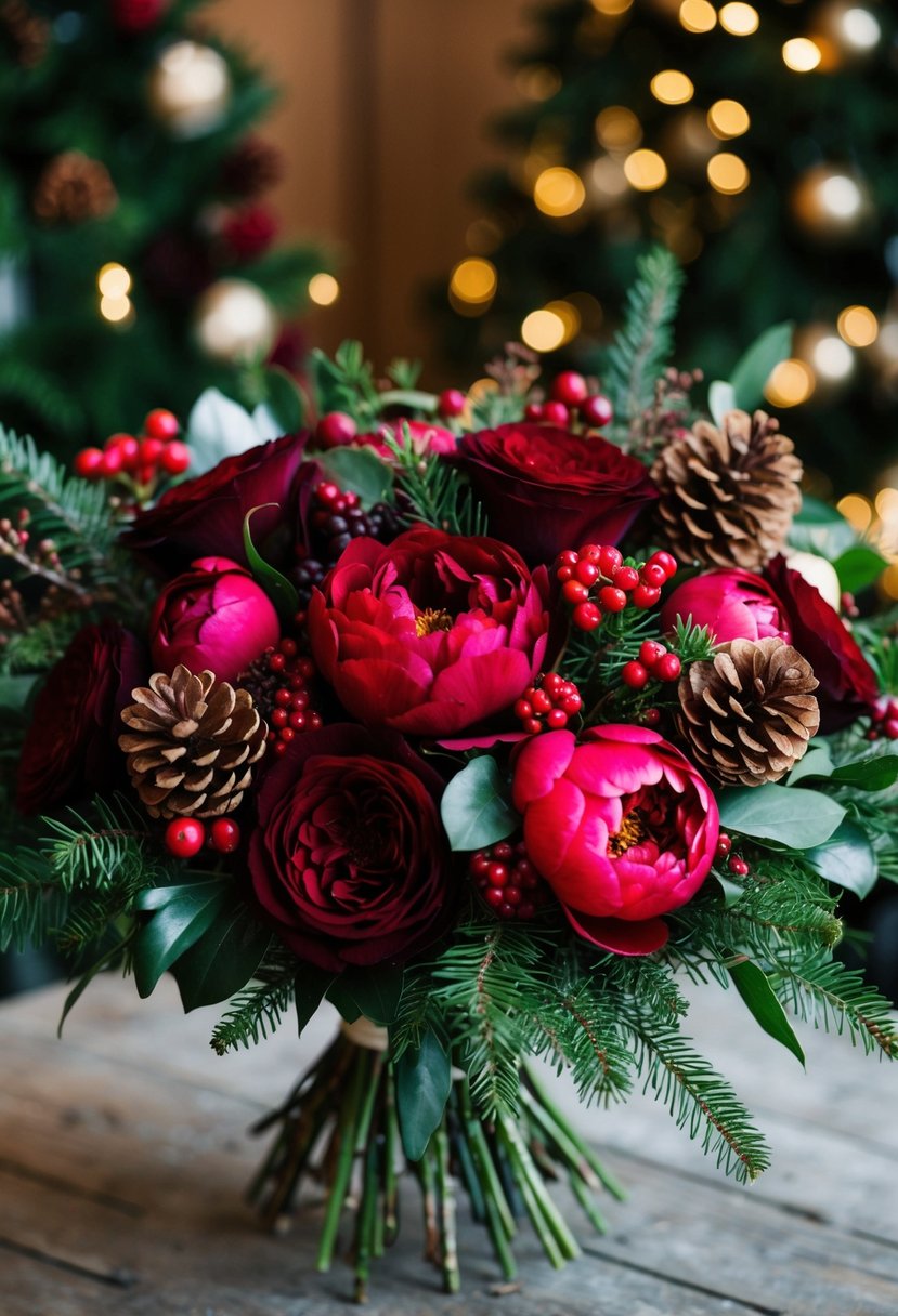 A lush bouquet of deep red roses, velvety peonies, and richly textured winter greens, accented with berries and pinecones