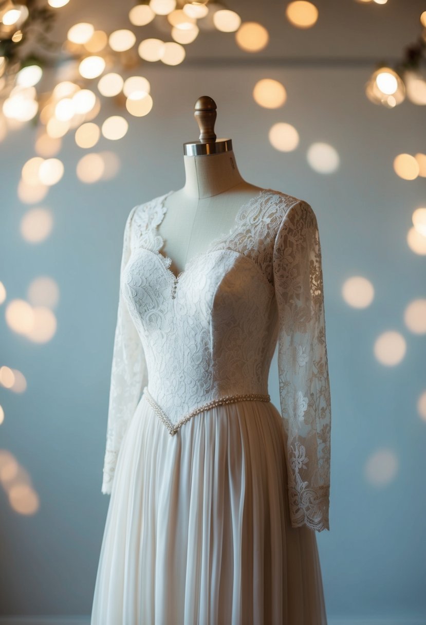 A lace-sleeved, fitted bodice wedding dress from the 80s, with a flowing skirt and delicate details