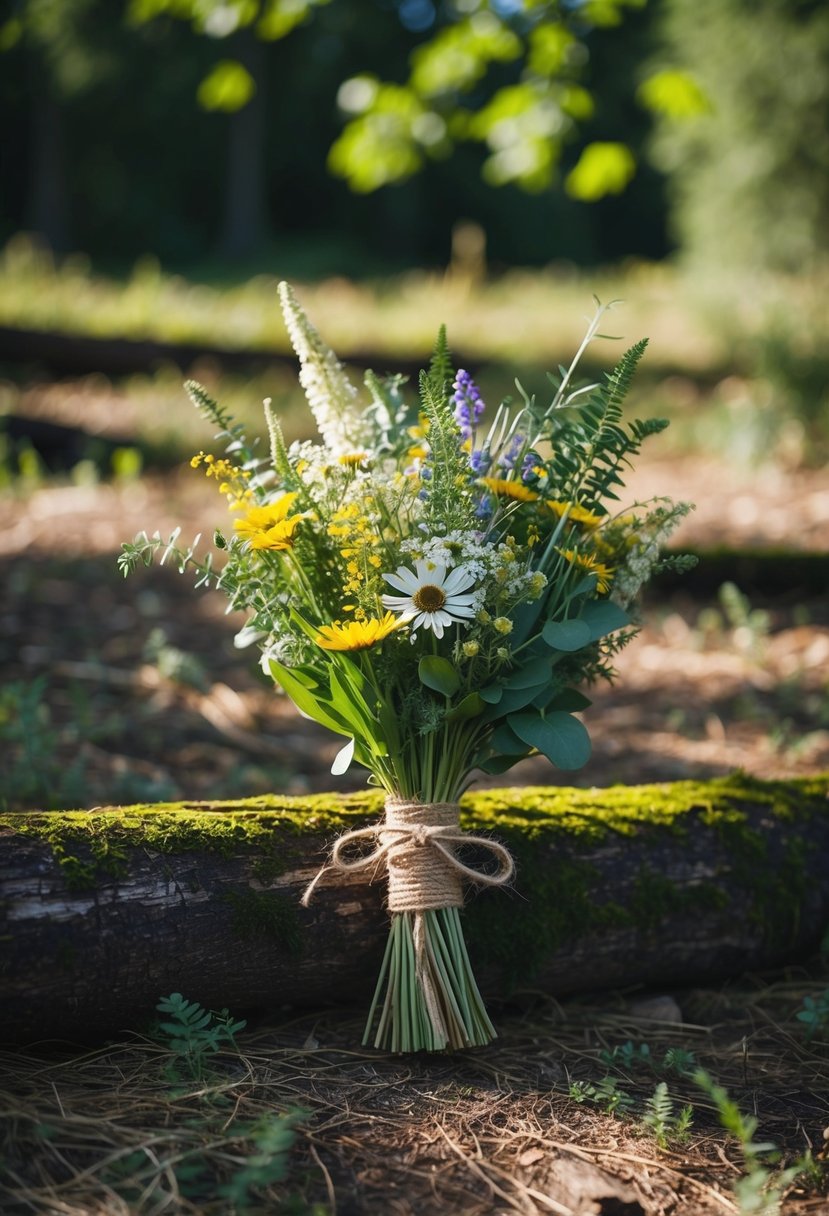 A rustic bouquet of wildflowers and greenery, tied with twine, rests on a moss-covered log in a sun-dappled forest clearing