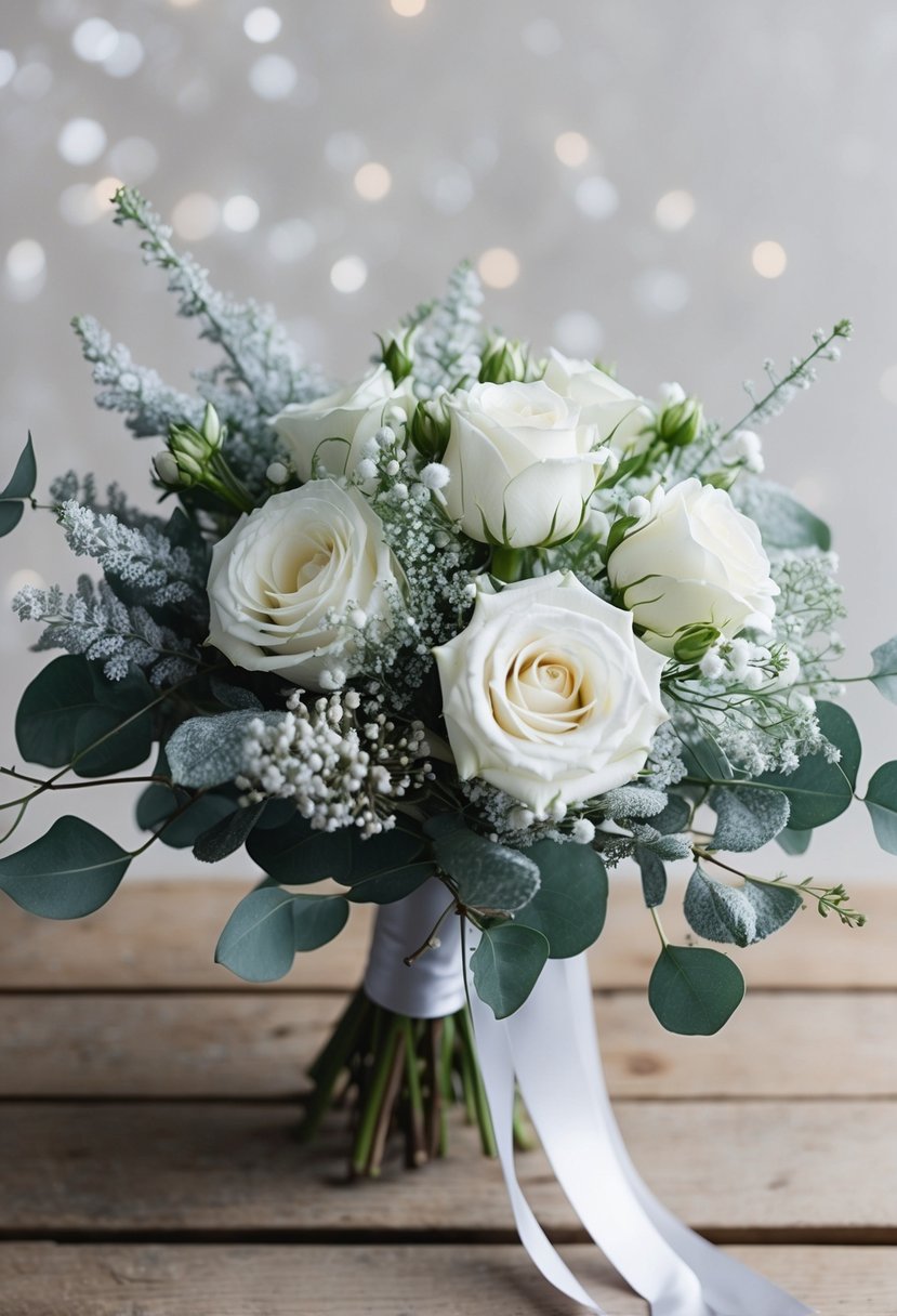 A bouquet of delicate snowy florals, including white roses, baby's breath, and silver eucalyptus, arranged in a loose, romantic style with trailing ribbons