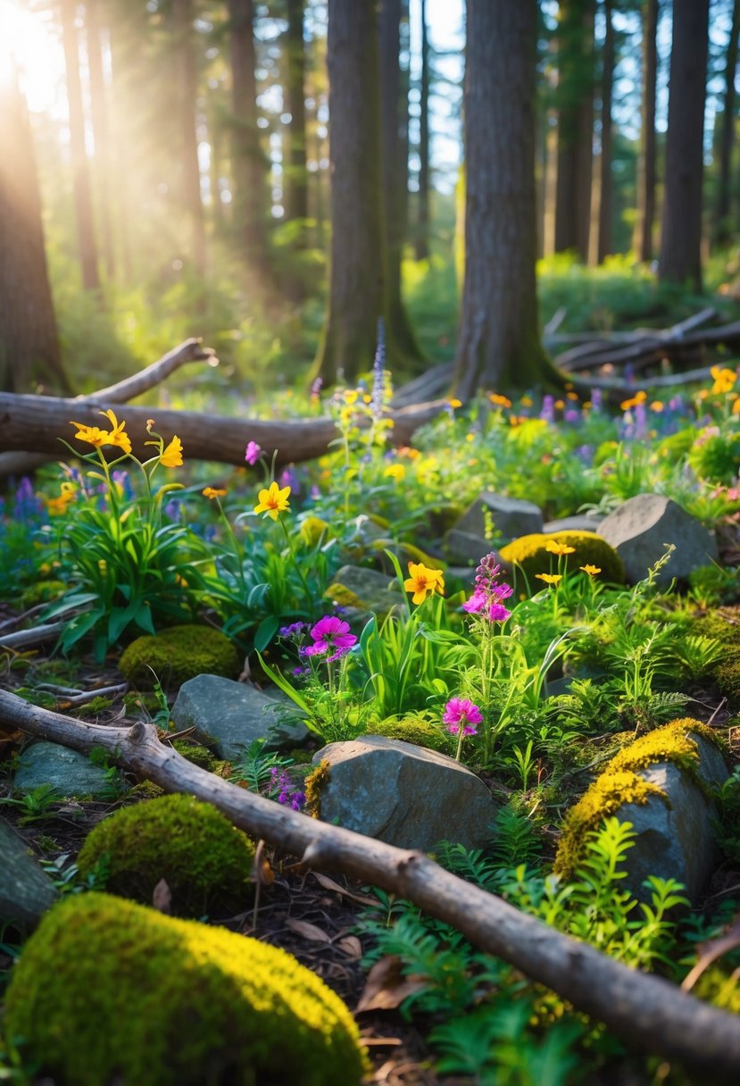 A forest clearing with a variety of colorful wildflowers and greenery, scattered among moss-covered rocks and fallen branches. Sunshine filters through the trees, creating a whimsical and enchanting atmosphere