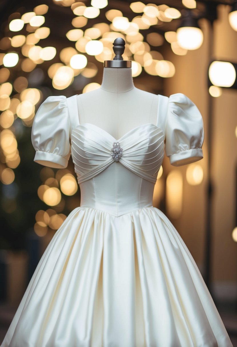 An 80s style wedding dress with a modified sweetheart neckline, featuring puffy sleeves and a full skirt