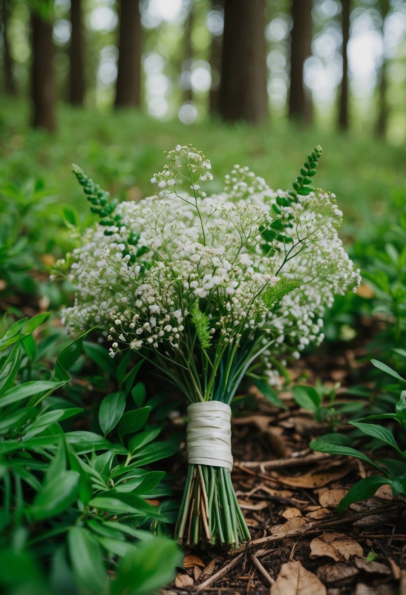 A lush forest floor with vibrant greenery and delicate sprigs of Baby's Breath intertwined, creating a natural and romantic wedding bouquet