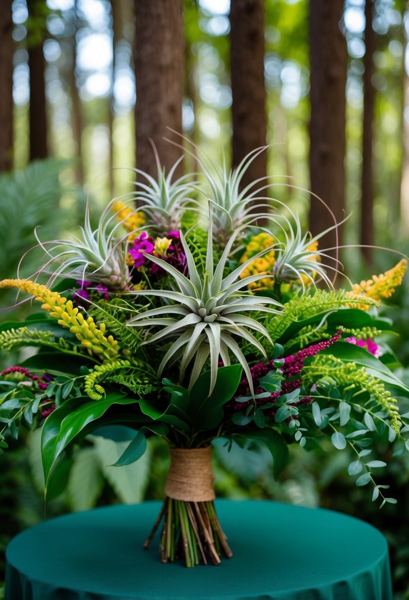 A lush forest bouquet intertwines air plants and vibrant foliage, creating a fusion of natural beauty and whimsical elegance