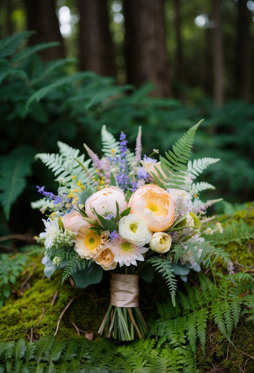 A delicate silk bouquet in pastel hues, adorned with wildflowers and ferns, nestled against a backdrop of lush forest foliage