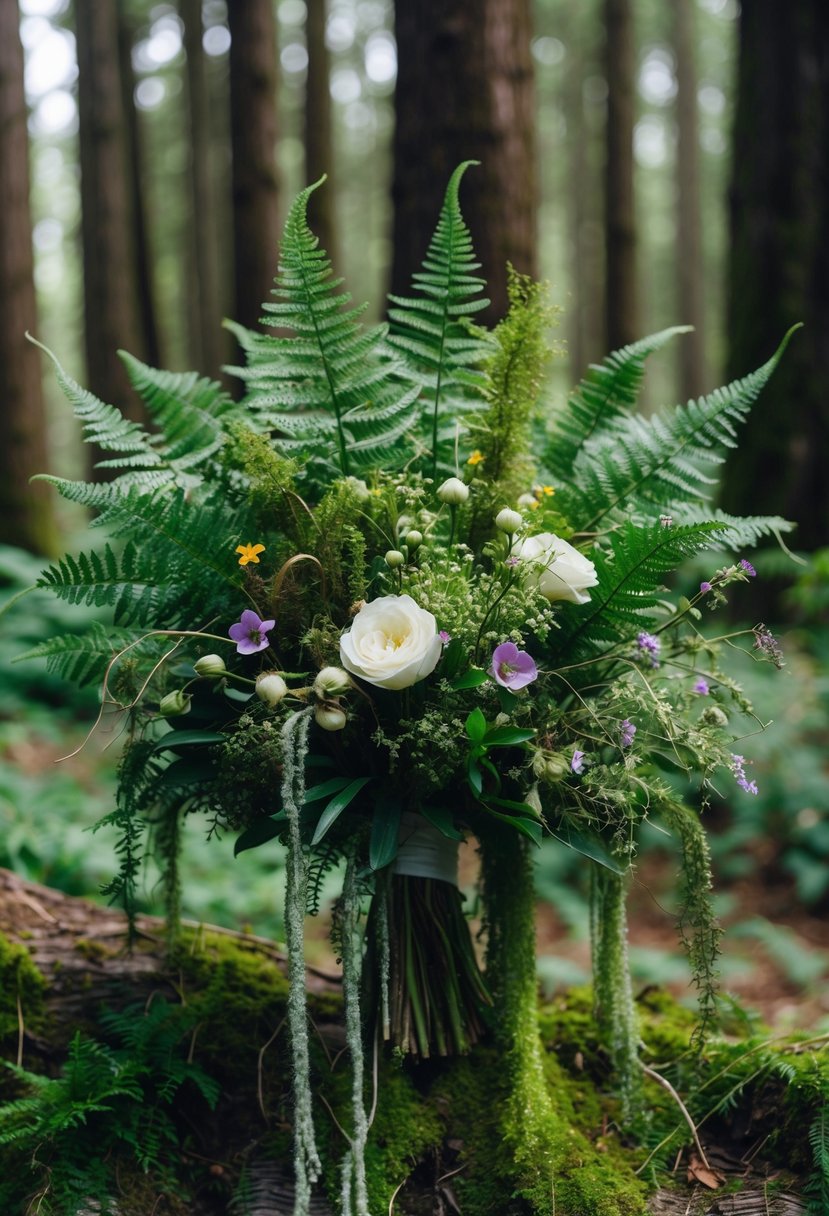 A lush bouquet of forest ferns and cascading moss, intertwined with delicate tendrils and wildflowers, evoking a natural and ethereal forest wedding