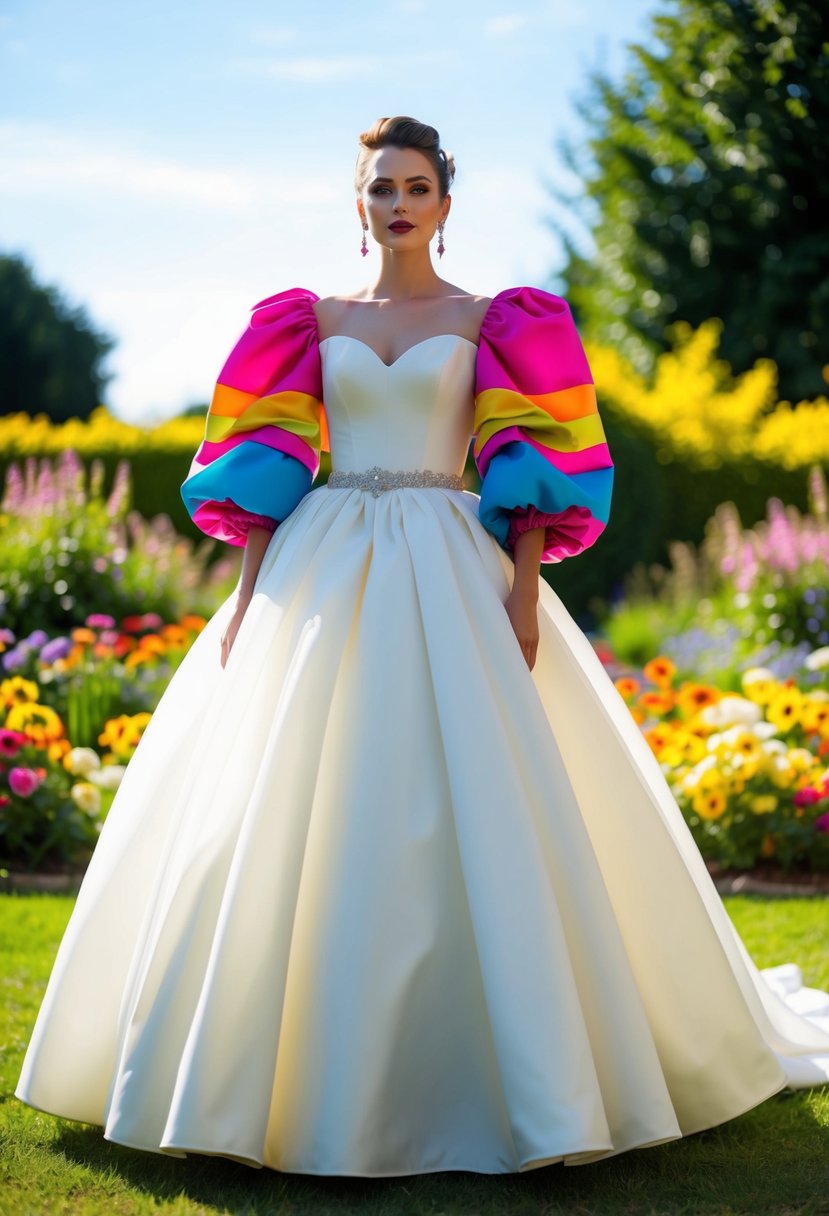 A bride in a voluminous 80s-style wedding dress with retro balloon sleeves, standing in a sun-drenched garden surrounded by colorful flowers