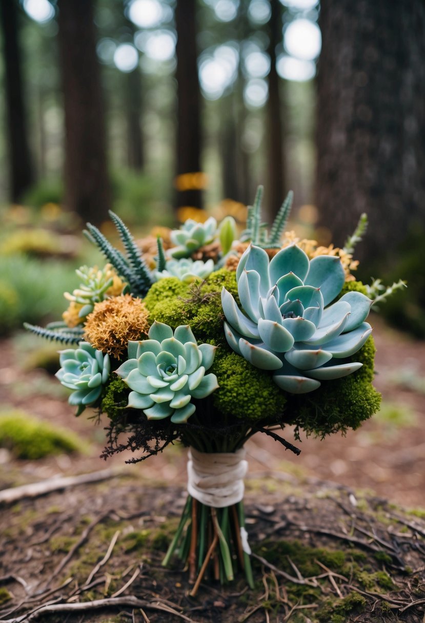 A rustic woodland scene with succulents, moss, and wildflowers in a bouquet