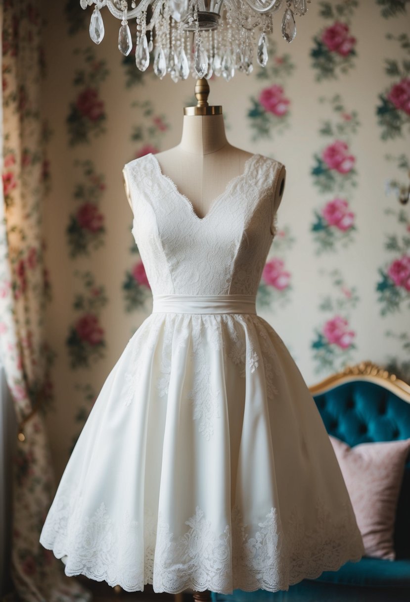 An 80s-style wedding dress with lace detail, featuring a drop waist, set against a backdrop of vintage floral wallpaper and a crystal chandelier