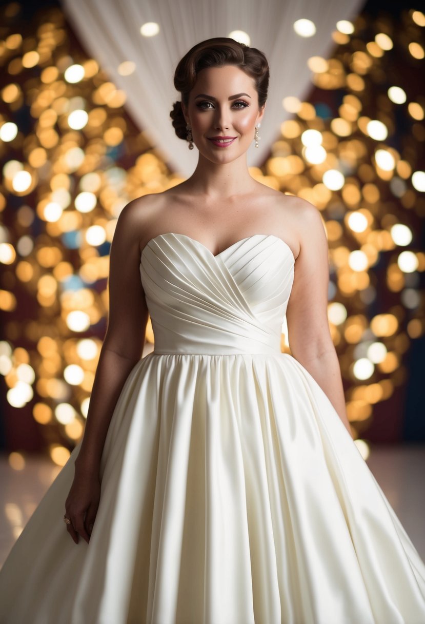 A bride wearing a peplum waist 80s style wedding dress, with a vintage flair, standing in front of a retro backdrop