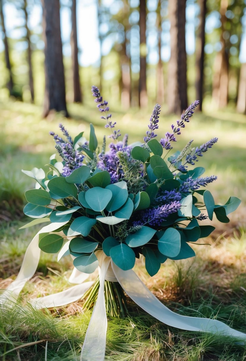 A lush bouquet of eucalyptus and lavender, intertwined with delicate ribbons, nestled among the dappled sunlight of a charming forest clearing