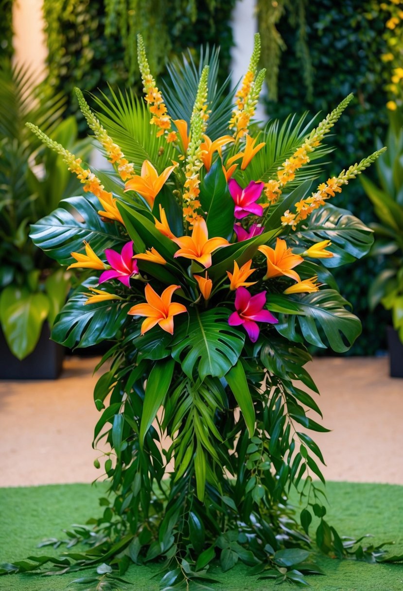 A vibrant bouquet of tropical flowers and foliage arranged in a cascading, lush display