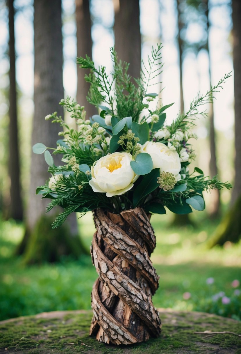 A handcrafted bouquet holder made of intertwined tree bark, adorned with delicate forest blooms and greenery