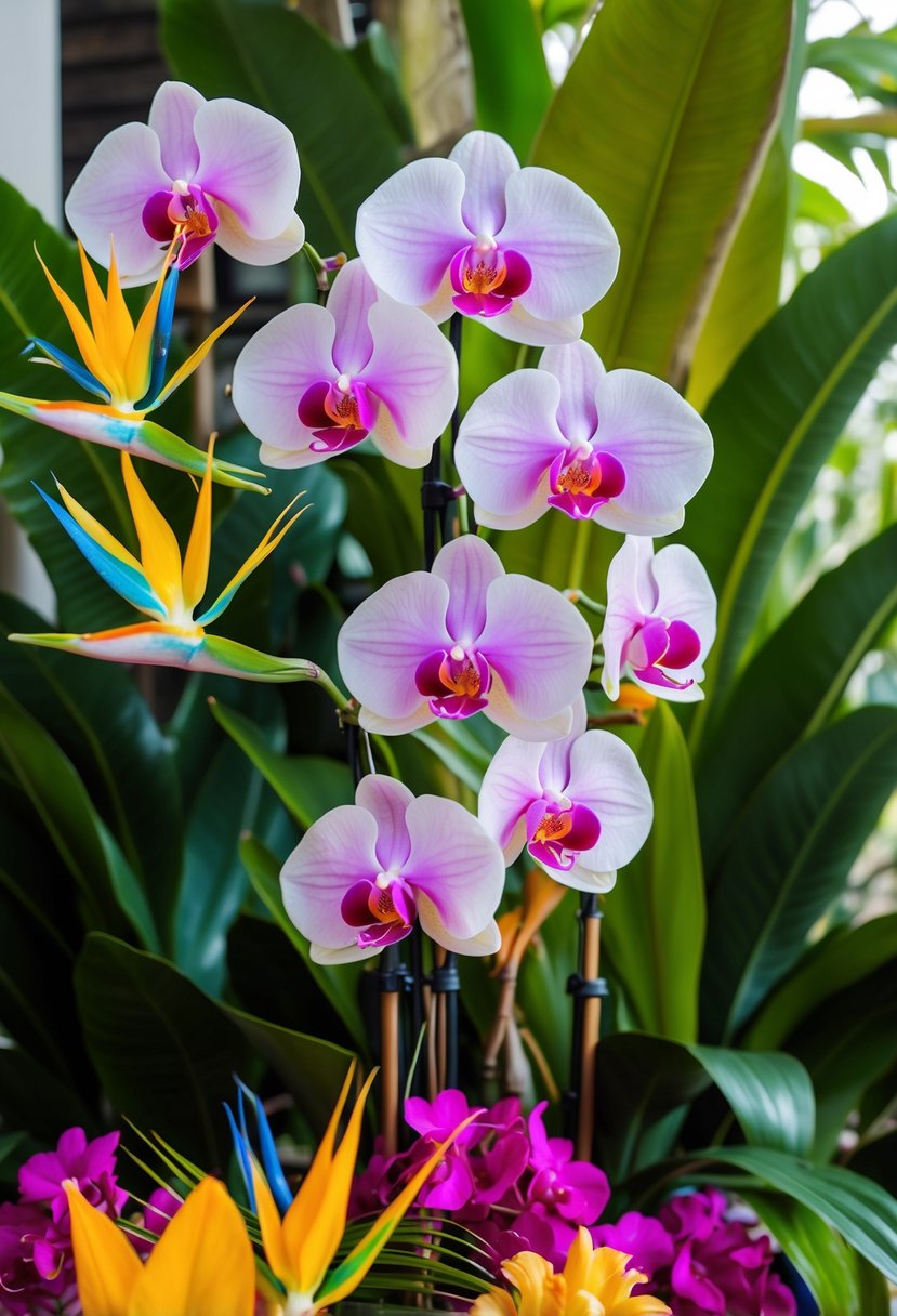 A vibrant bouquet of Phalaenopsis Orchids and Birds of Paradise set against lush green foliage and colorful tropical blooms