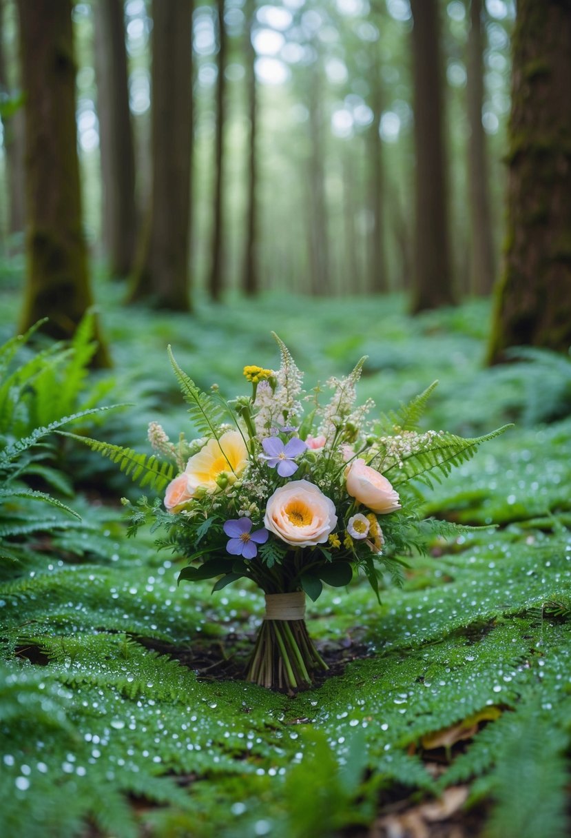 A lush, pastel-colored forest floor covered in dew, with an enchanting bouquet of wildflowers, ferns, and delicate greenery