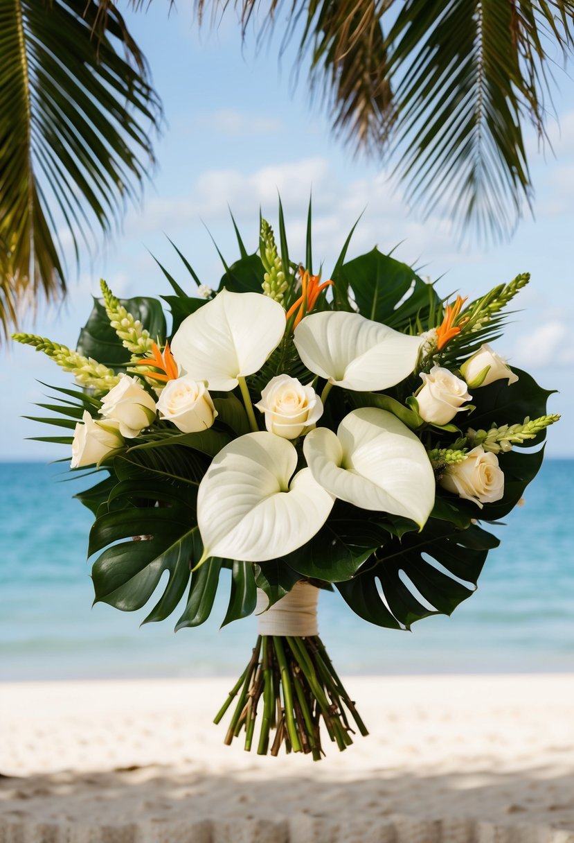 A lush bouquet of white anthurium and roses, accented with tropical greenery, set against a backdrop of palm fronds and a sandy beach