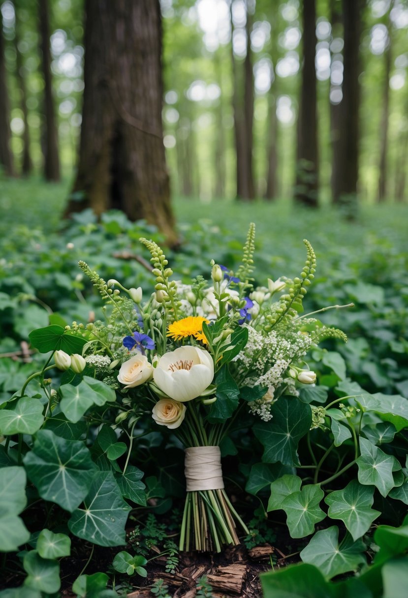 A lush forest floor with wildflowers and ivy intertwined, creating a natural and whimsical wedding bouquet inspiration