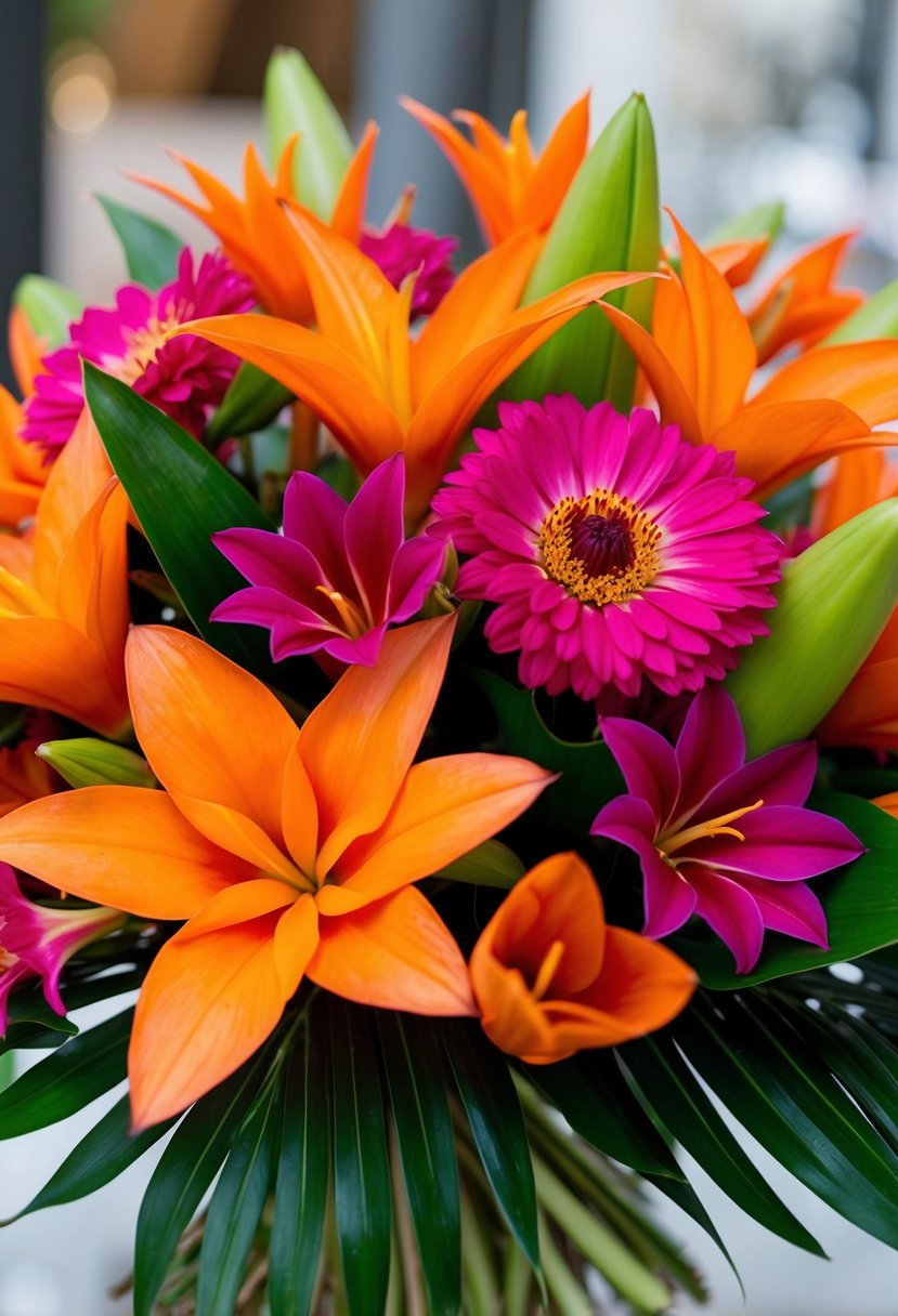 Vibrant orange and fuchsia tropical flowers arranged in a lush bouquet