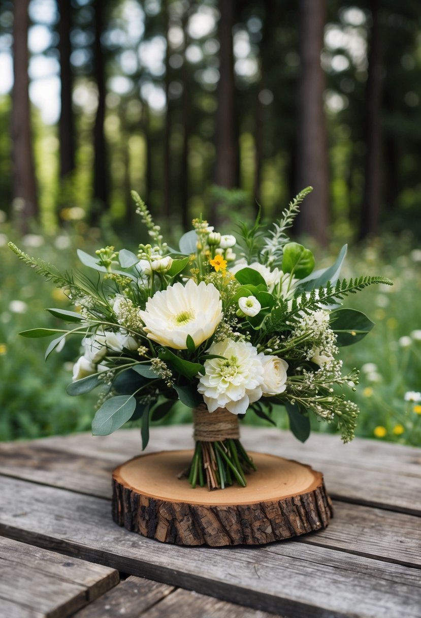 A wood slice serves as a base for a rustic forest wedding bouquet, surrounded by greenery and wildflowers