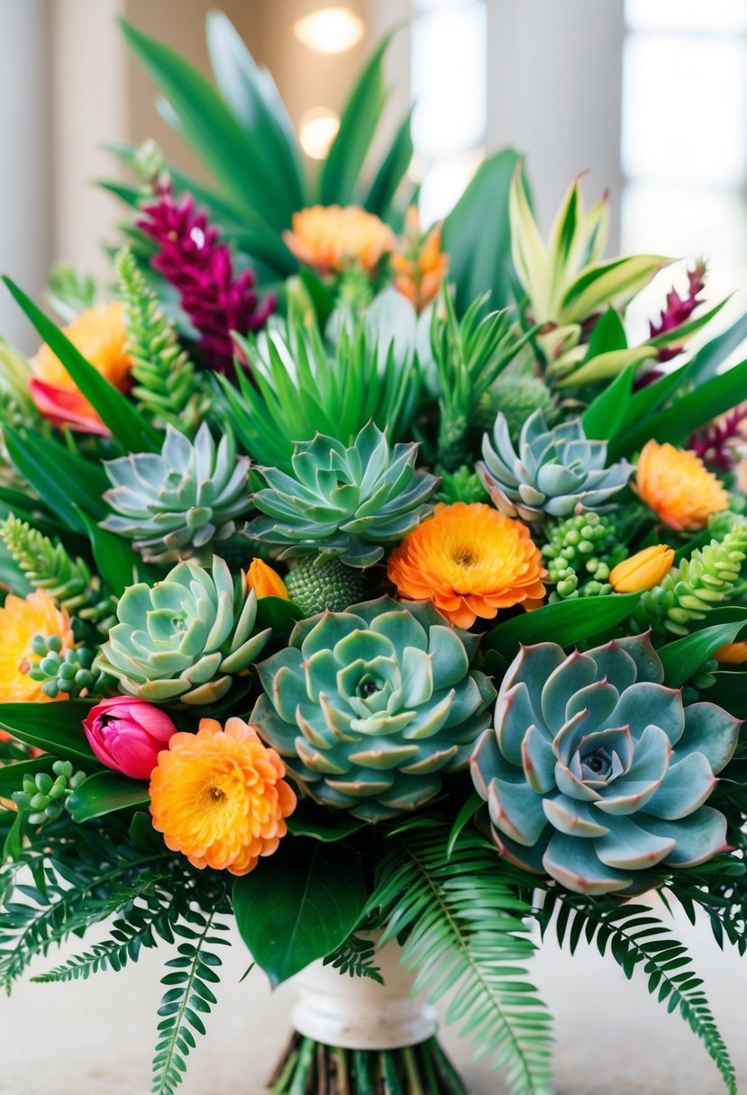 A vibrant array of succulents, tropical flowers, and lush greenery arranged in an elegant wedding bouquet