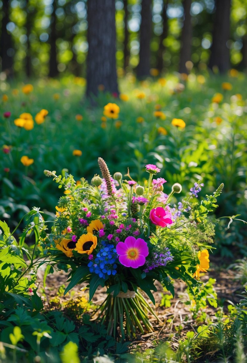 A lush bouquet of wildflowers and greenery, with pops of vibrant blooms, nestled among the dappled sunlight of a woodland clearing